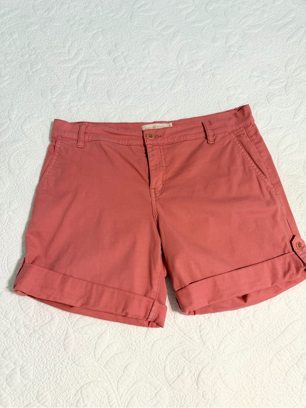Tory Burch Womens Faded Spiced Pink Red Chino Shorts Cotton Size 28 Roll Up Hem